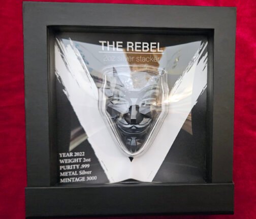 2 oz Pure Silver Guy Fawkes The Rebel Mask 2022 Dark Antique Finish Bar Round with Box and COA - Image 5