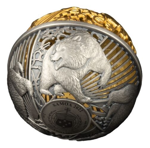 2 oz Silver Bull & Bear Opposites Attract Filigree Cut Out Spherical Coin 2022 - Image 7