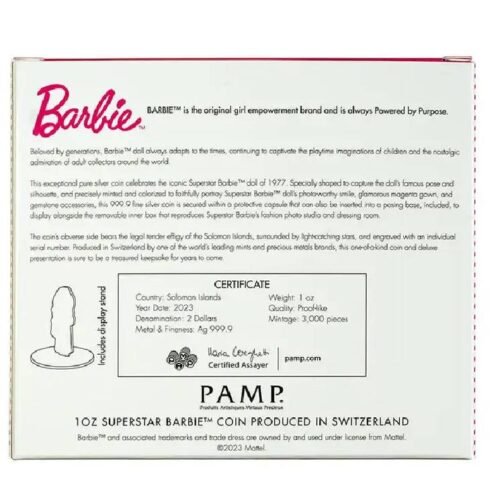 1 oz Silver Superstar Barbie 2023 $2 Special Shape Pure Silver Coin - Solomon Island - Pamp Suisse - Image 12