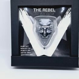 2 oz Pure Silver Guy Fawkes The Rebel Mask 2022 Dark Antique Finish Bar Round with Box and COA