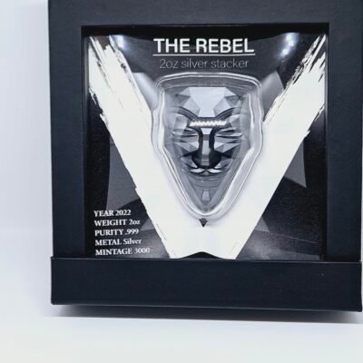 2 oz Pure Silver Guy Fawkes The Rebel Mask 2022 Dark Antique Finish Bar Round with Box and COA