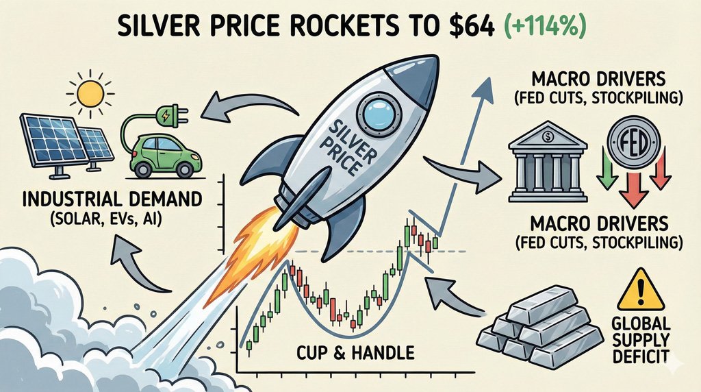 You are currently viewing Silver Rockets Toward $64 as Prices Surge 114% in 2025
